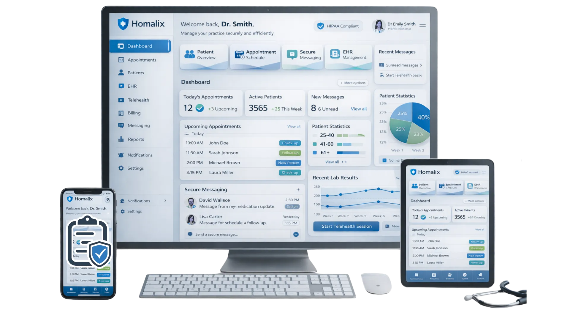 HIPAA-compliant healthcare app dashboard for blood bank and donor management on a laptop screen.